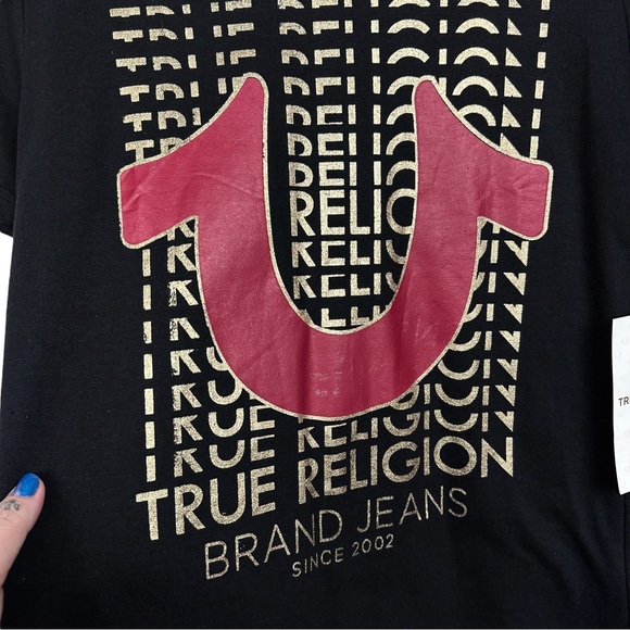 True Religion V Neck All Over Gold Metallic Logo Stretchy Short Sleeve T Shirt S - Picture 5 of 10